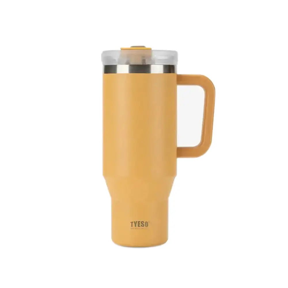 Yellow TYESO thermal travel mug with handle and clear lid on a plain background