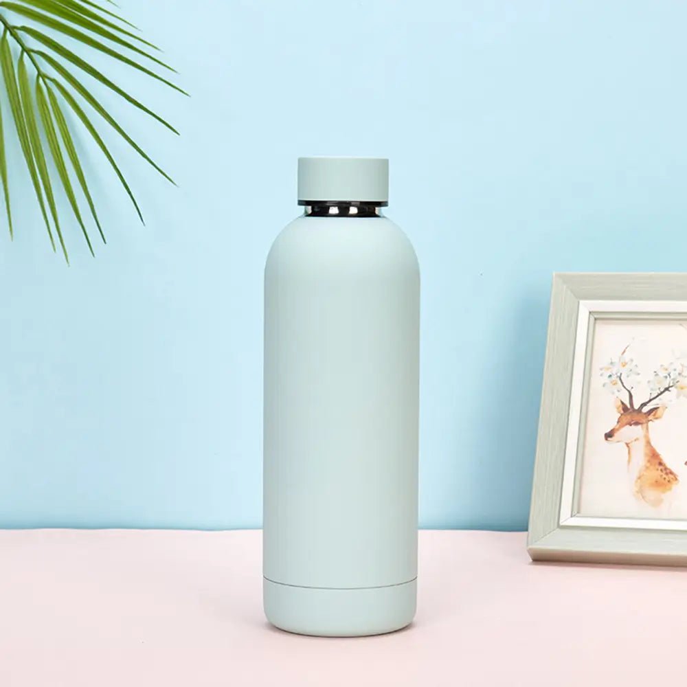 Light blue water bottle on a pink surface with a light blue background and a framed picture of a deer.