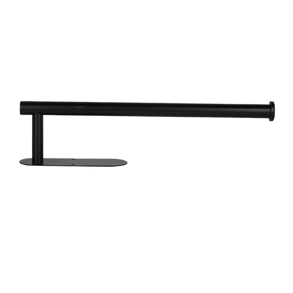Black metal under cabinet mount paper towel holder with a simple, modern design for easy access and space saving.