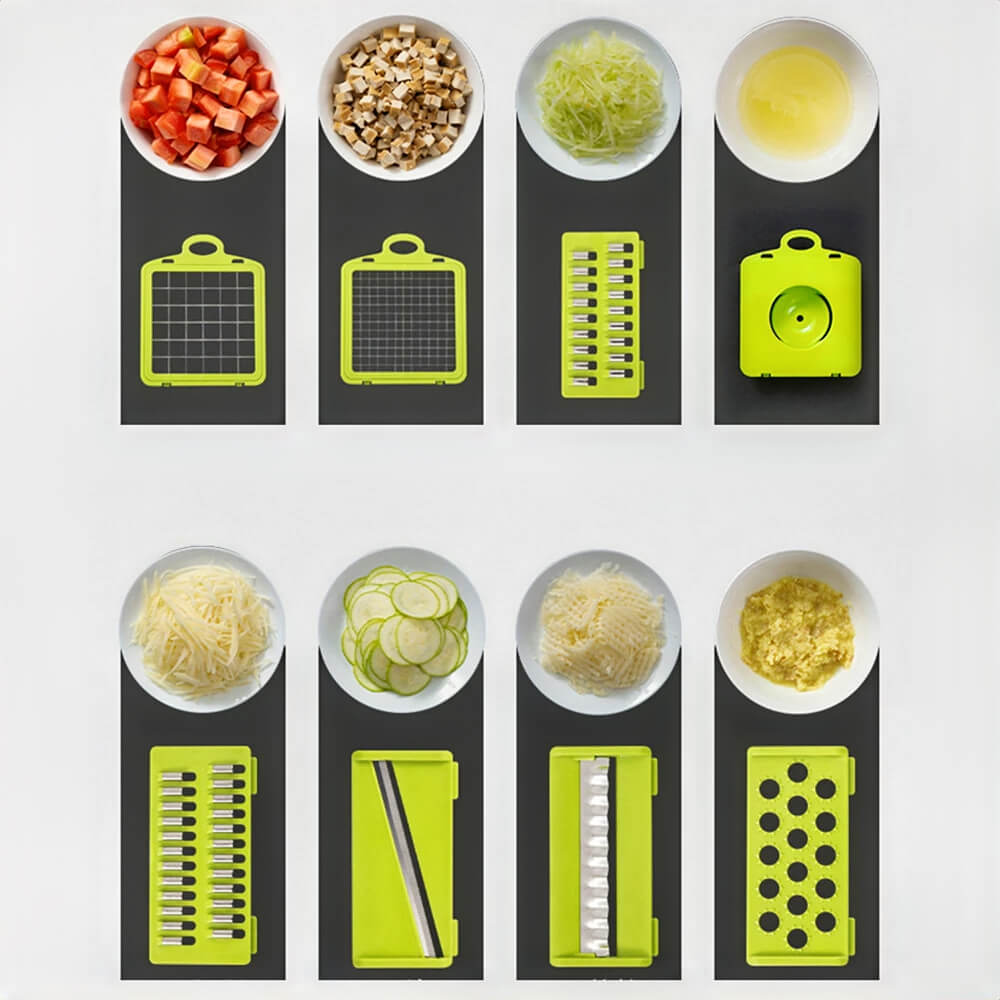 Vegetable chopper and slicer machine with multiple blade options showing various slicing, dicing, grating, and shredding results.