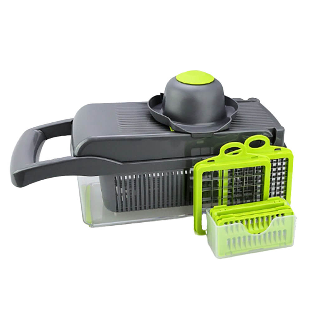 Vegetable chopper and slicer set with interchangeable blades, hand guard, storage box, and container for slicing, dicing, and grating.