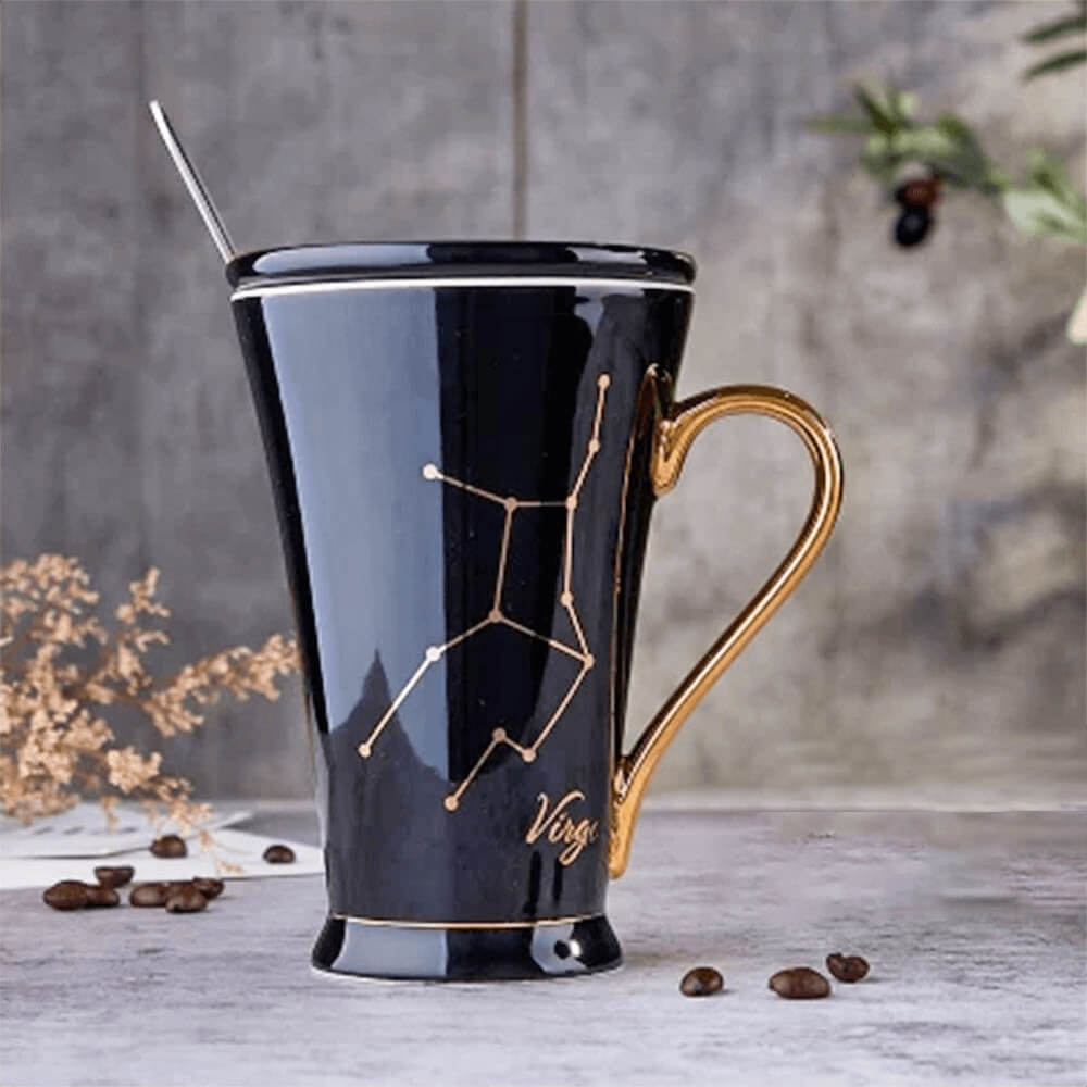 Elegant black Virgo zodiac mug with a golden handle, featuring a sophisticated Virgo constellation design and refined lettering, perfect for astrology enthusiasts and Virgo fans