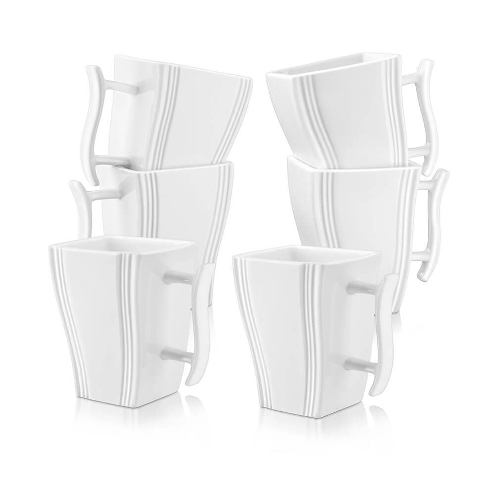 Modern white porcelain mugs with a square shape, gentle ridges, and curved handles, perfect for hot drinks.