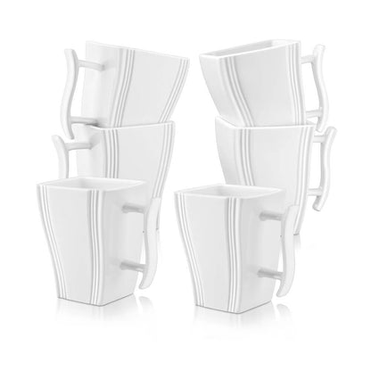 Modern white porcelain mugs with a square shape, gentle ridges, and curved handles, perfect for hot drinks.