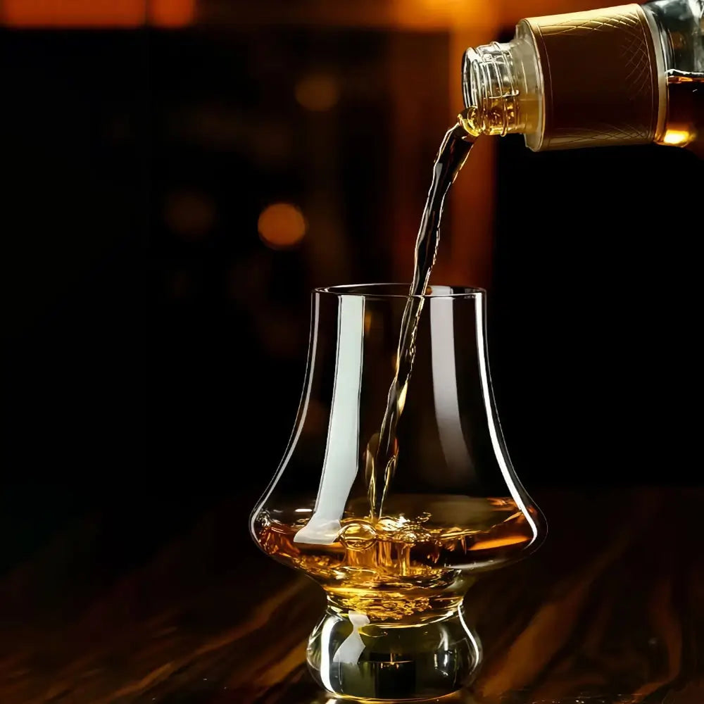 Liquid being poured from a bottle into a tasting glass with a curved shape and rounded weighted base.