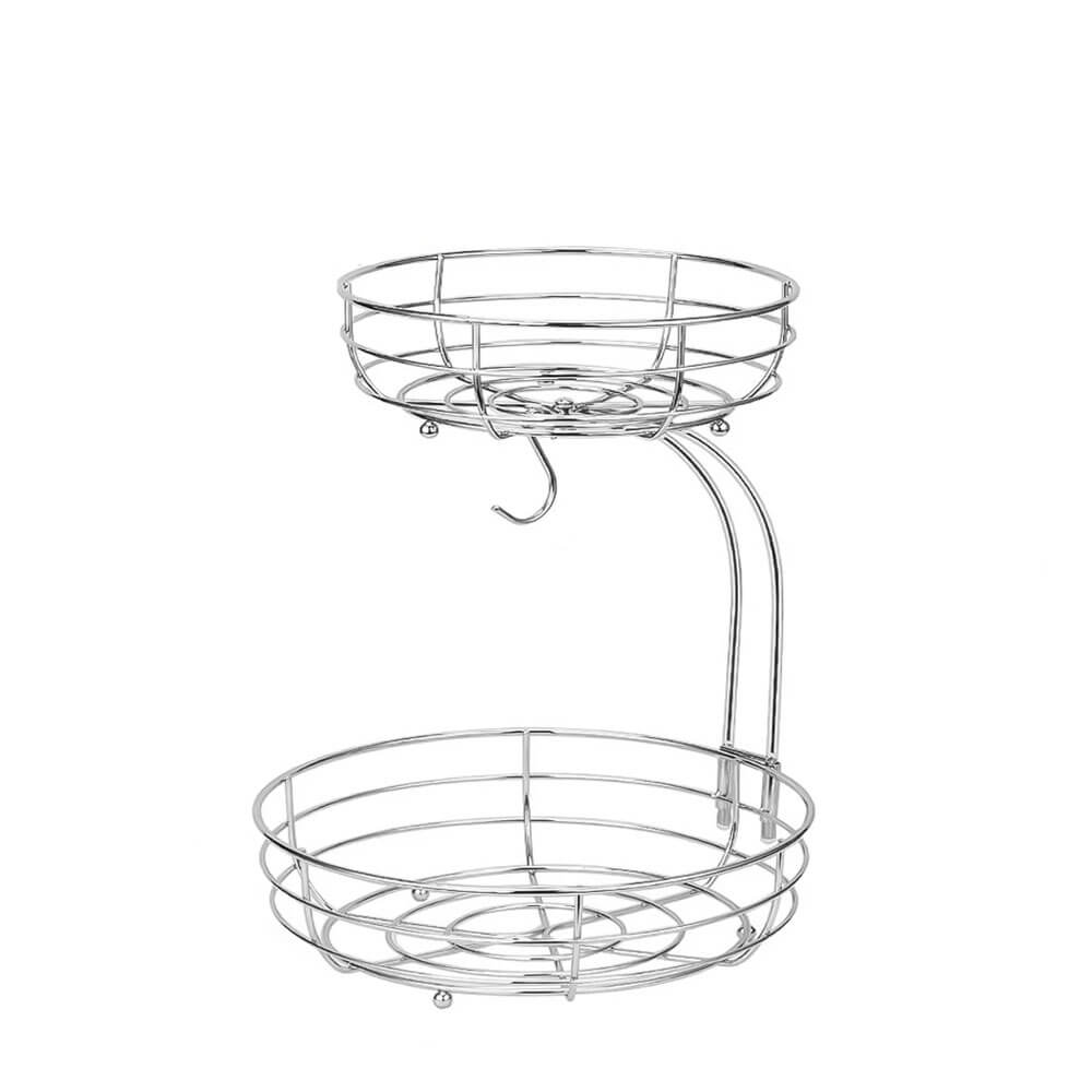 A sleek and modern 2-tier wire fruit basket with a polished metallic finish. The design features two spacious baskets, ideal for organizing fruits and vegetables, with an integrated hook for hanging bananas to prevent bruising. 