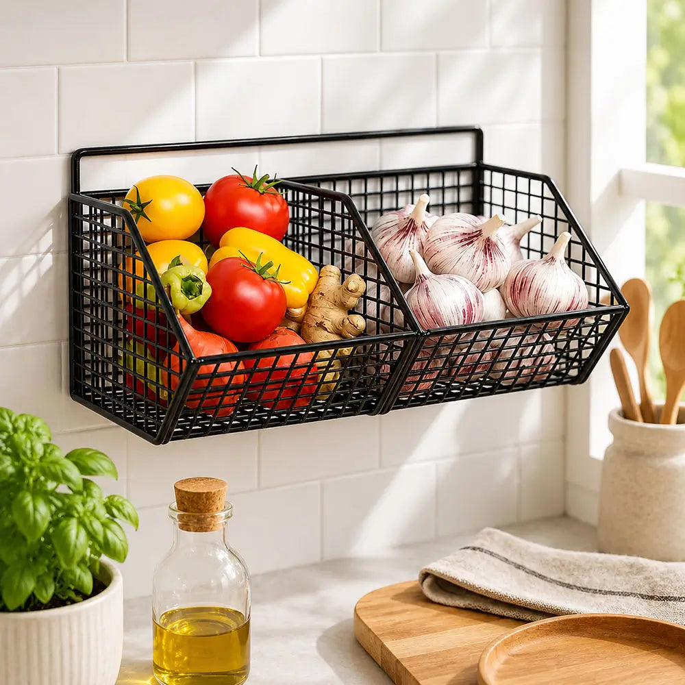 Wire storage baskets kitchen organizer mounted on a wall with compartments for vegetables, garlic, and fresh produce.