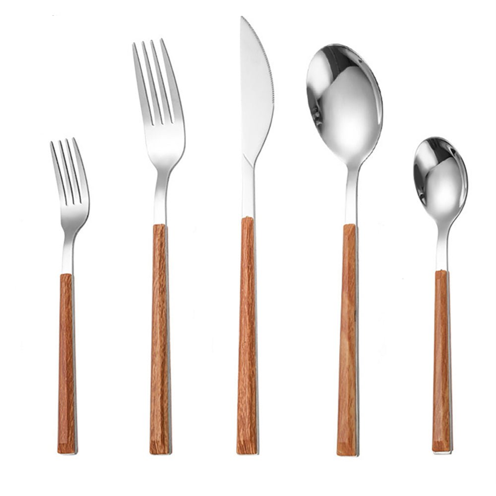 Set of 5 wood handle flatware pieces, including fork, knife, spoon, dessert fork, and teaspoon. Handcrafted with durable 18/10 stainless steel and smooth wooden handles.