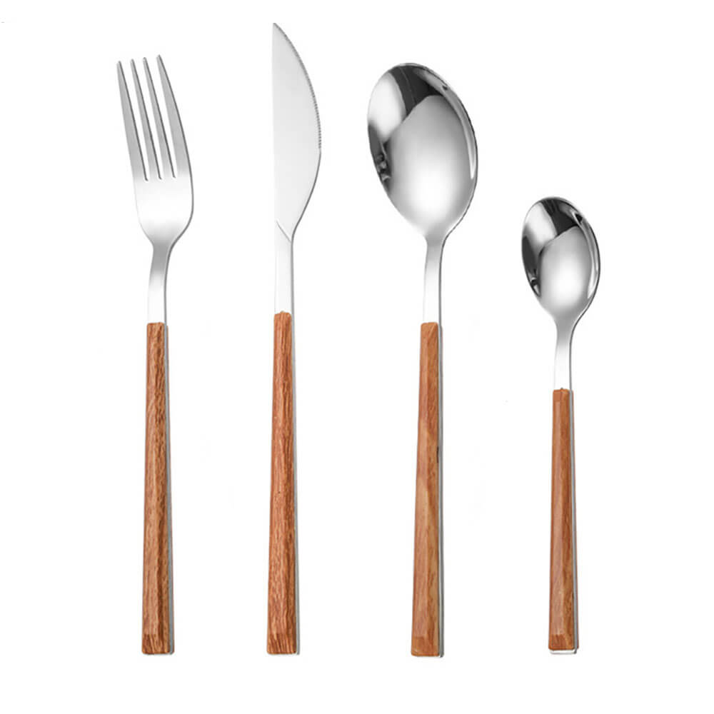 Four-piece wood handle flatware set featuring fork, knife, tablespoon, and teaspoon on white background.