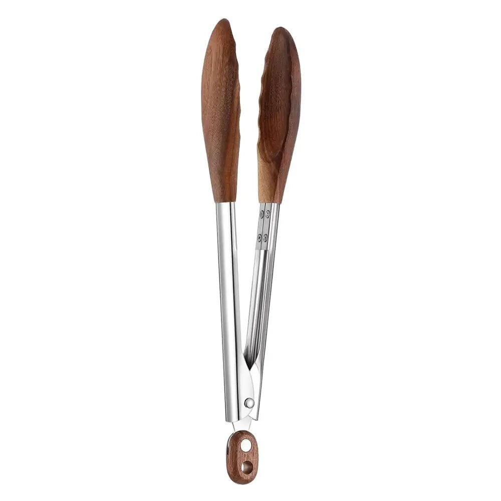 Tongs with wooden handles on a white background.