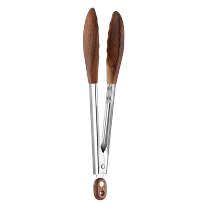 Tongs with wooden handles on a white background.