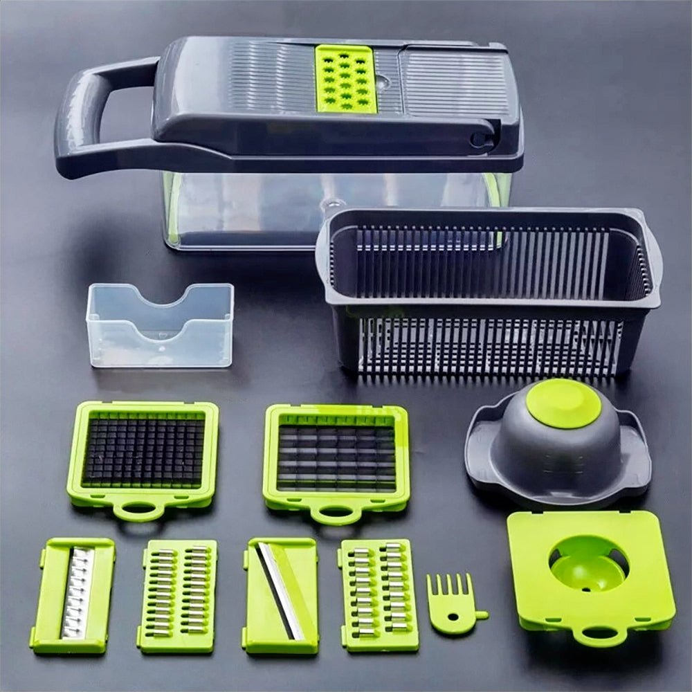 Zyliss cheese grater with 7 blades, a storage container, a draining basket for excess water, and a hand protector for safety.